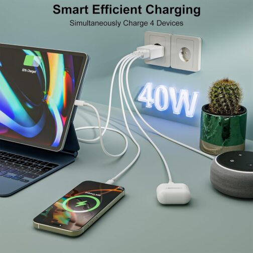 USB C Ladegerät, 40W 4-Ports Mehrfach Ladegerät mit USB-C und USB A, Schnellladegerät PD 3.0 Power Adapter USB Netzteil Stecker für iPhone 16/15/14/13/12/11/Pro Max/XS/XR, iPad Samsung Galaxy S25 – Bild 6