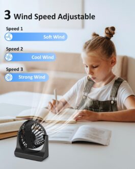 PALATALA Table Fan, Mini Fan, USB Fan with 3 Speeds and 360° Rotation, Rechargeable, Portable Small Fan for Bedroom, Home, Office, Fan, Quiet
