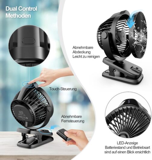 8000 mAh Mini USB Clip Fan Battery, 13 cm Small Table Fan with Remote Control, 5-Speed, LED Display, 360° Rotation, Rechargeable Battery, Portable Table Fan for Home, Office, Camping, Pushchair – Bild 6