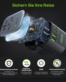EPICKA Travel Adapter Worldwide, 45 W PD Fast Charge Universal Travel Plug Adapter with 2 USB and 2 USB C, Travel Adapter for Europe, USA, Japan, Korea, Thailand, Australia, Black