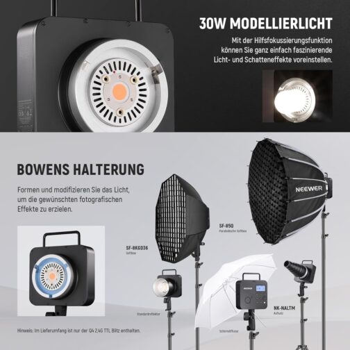 NEEWER Q4 400 Ws 2.4G TTL Studio Flash (New Look), 1/8000 HSS 2800mAh Battery Operated Flash Light Photography Monolight 30W Setting Lamp/400 Full Power Flash/0.01-1.2s Recycling/Bowens Mount – Bild 5