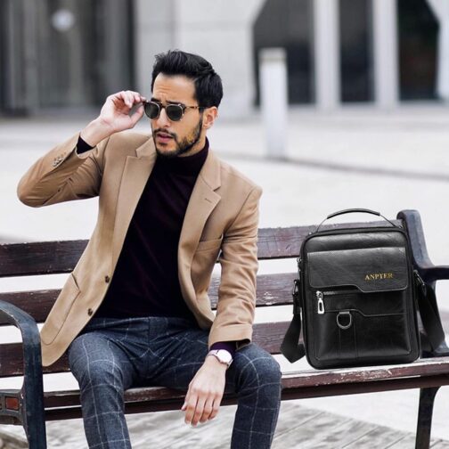 ANPTER Shoulder Bag, PU Leather, Men's Shoulder Bag, Side Bag, Crossbody Vintage Shoulder Bags, Mobile Phone Bag, Messenger Bag, Shoulder Bag, Black Shoulder Bags, M, Retro – Bild 9