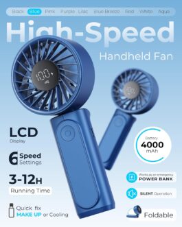 Peiyuu Portable Handheld Fan, Neck Fan, Mini Desk Fan, 4000mAh Long Battery Life, Safe and Reliable, 6 Speed Visual Adjustment (Blue)