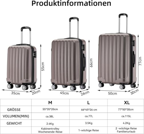 BEIBYE TSA-Schloß 2080 Twin Wheels 3-Piece Travel Suitcase Set Suitcase Set Trolley Trolleys Hard Case, coffee, Hard shell case – Bild 8
