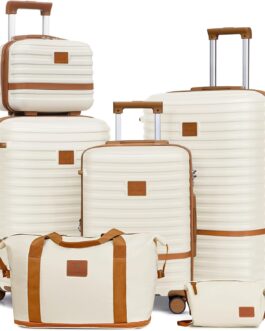 Joyway Suitcase Travel Suitcase from ABS Hard Shell Expandable Trolley Suitcase Set, white/brown