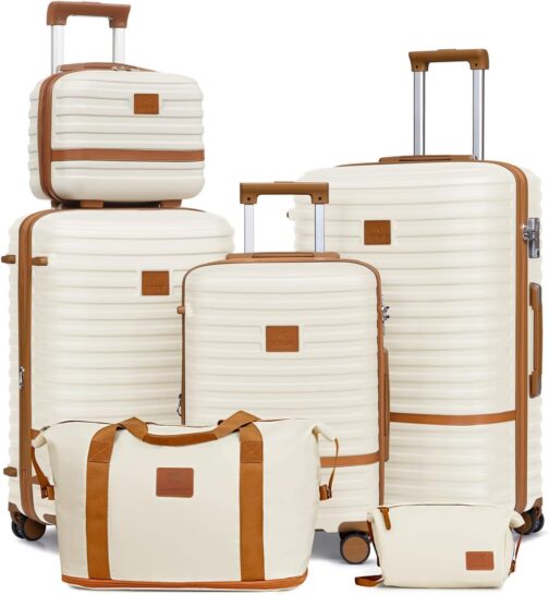 Joyway Suitcase Travel Suitcase from ABS Hard Shell Expandable Trolley Suitcase Set, white/brown