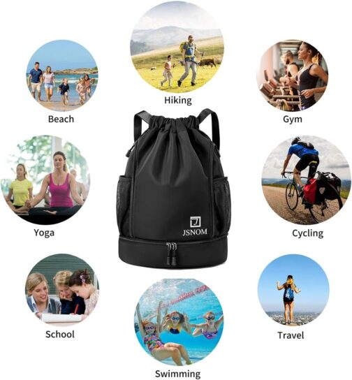 JSNOM Gym Bag Sports Bag Men Women: Backpack Bag Drawstring Waterproof Large with Outer Pocket Zip Inner Pocket for Teenagers Boys Girls Men Women (Black) – Bild 6