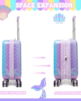 HTgroce 2-Piece Children’s Suitcase Set, Children’s Travel Suitcase with Backpack, Neck Pillow & Suitcase Tag, Travel Trolley with Wheels for Children, Hard Case for Boys and Girls, mermaid, S