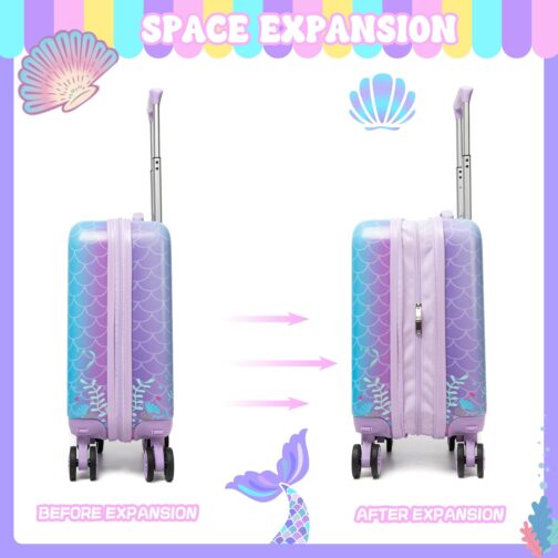 HTgroce 2-Piece Children's Suitcase Set, Children's Travel Suitcase with Backpack, Neck Pillow & Suitcase Tag, Travel Trolley with Wheels for Children, Hard Case for Boys and Girls, mermaid, S – Bild 2