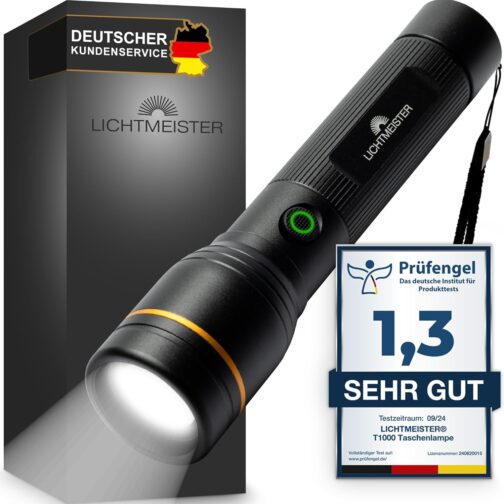 LICHTMEISTER® Torch (1000 lumens, 4000 mAh battery) - LED rechargeable and extremely bright torch