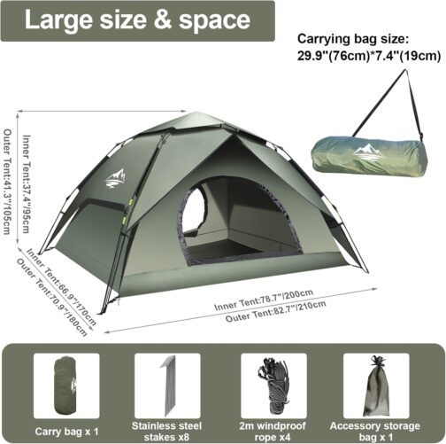 Camping Tent Automatic Instant Tent 2-3 Person Pop Up, Double Layer Waterproof & Windproof Ultralight Dome Tent UV Protection Easy Setup for Trekking, Families, Backpacking – Bild 6