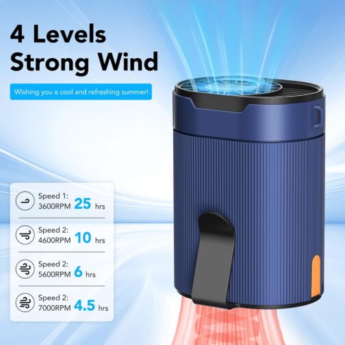 COZOME Portable Fan Battery, Small T-Shirt Fan with Clip, Rechargeable Waist Fan on Belt, Turbo Belt Fan with Hanging Rope, 4 Wind Strengths, USB C, 6600 RPM, Ideal for Work, Construction Site – Bild 2