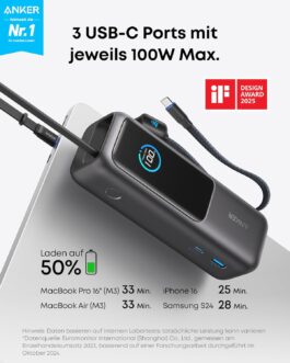 Anker Laptop Power Bank, 25,000 mAh External Battery with 3 x 100 W USB-C Ports for Multi-Device Charging Power, Integrated + Retractable Cable, for iPhone 16/15, MacBook, Samsung and More