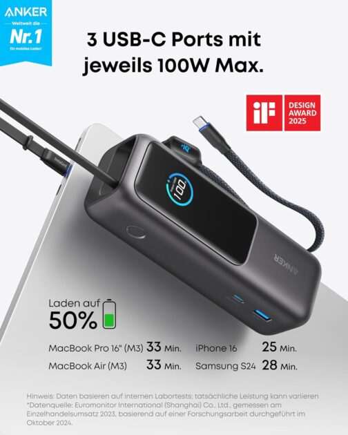 Anker Laptop Power Bank, 25,000 mAh External Battery with 3 x 100 W USB-C Ports for Multi-Device Charging Power, Integrated + Retractable Cable, for iPhone 16/15, MacBook, Samsung and More – Bild 2