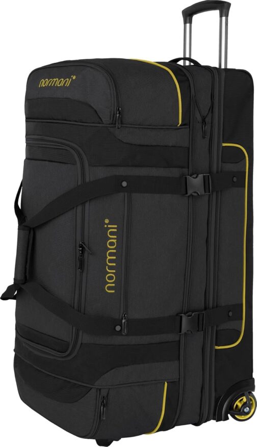 normani Travel Bag 2-Wheel Trolley 120-150 Litres Soft Luggage Travel Bag with Wheels and 6 Compartments - Expandable Travel Trolley - Roller Bag Sports Bag 81 x 39 x 39/47 cm, black/yellow