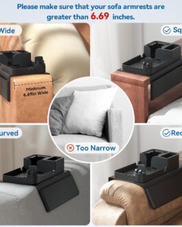 CLESOO Sofa Tray Armrest with Drink Holder, Non-Slip Sofa Tray with Two Side Pockets and Phone Holder, Silicone Anti-Spill Couch Organiser for Cup, Phone, Tablet, Snack, Black