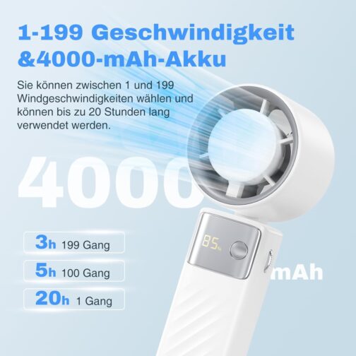 DDHTSAL USB Mini Foldable Fan - 4000 mAh Rechargeable Handheld Fan with Lanyard, 1-199 Multi-Level Speed Control, Portable Fans for Going Out | Home | Work – Bild 2
