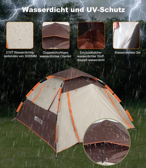 Dewur Camping Tent, Pop Up Tent, 4 People, Family Dome Tent, Waterproof, Windproof with 2 Mesh Door, Window, 2 in 1 Double Layers, Carry Bag for Camping, Hiking, Backpacking – Bild 4