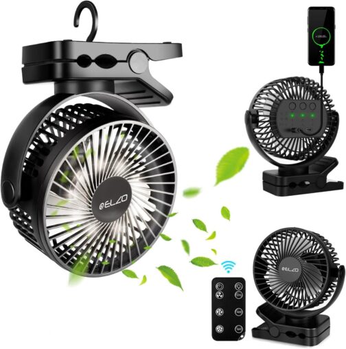 ELZO 12000 mAh Camping Fan, Rechargeable Table Fan, USB Mini Fan with LED Light and Hook, 360° Rotation, Quiet with Remote Control