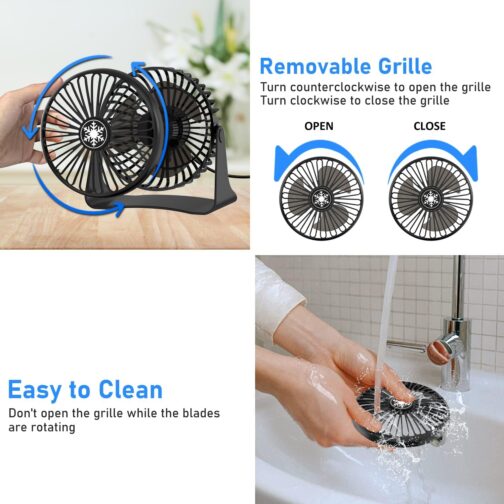 JATEKA Mini USB Table Fan, 3 Speeds Strong Fan with 1.2 m USB Cable, Desktop Quiet Fan 360° Rotation Adjustment, Removable Grid for Office and Bedroom - Black – Bild 6