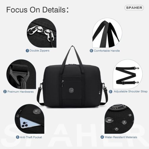 SPAHER Lufthansa Wizzair Eurowings Travel Bag Hand Luggage Bag 55 x 40 x 23 cm Lightweight Travel Bag Large Foldable 50L Waterproof Bag Aeroplane Travel Duffle Bag Cabin Bag Weekender Women Men, black – Bild 4