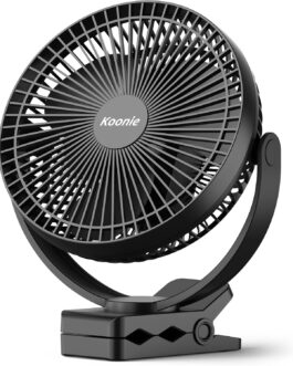 Koonie 10000 mAh Clip Fan, 20 cm Portable USB Fan Grow with Battery, 4 Speeds & 360° Rotation, Quiet Wall Fan, Table Fan for Home, Office, Pram, Camping, Grow Tent