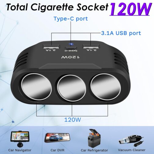 12 V USB Splitter 120 W Car Cigarette Lighter Adapter Car Charger 3 Multiple Socket Splitter DC 24 V Plug Charging Cable with 3 USB Ports for Mobile Phone Seat Heating GPS DashCam Sat Nav – Bild 4