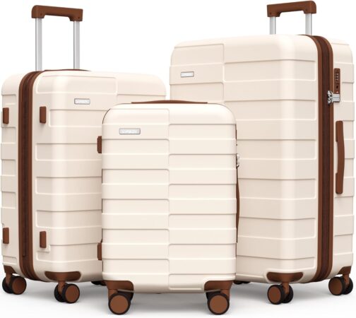Vipbox Hard Shell Suitcase Set (3 Year VIP Service) Lightweight 100% PC Ultra Durable Expandable Trolley Hand Luggage Travel Suitcase with Wheels and TSA Lock, Elegant white, Suitcase set 3-piece hard