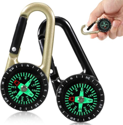 Compass with Carabiner Hook, Pack of 2 Compass Carabiner Mini Compass Outdoor Compass Keyring Pocket Compass Children Nautical Compass Keyring Carabiner for Camping, Hiking, Travel