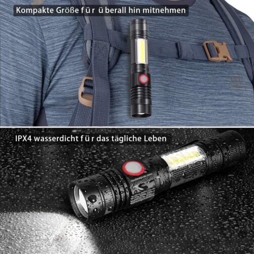 Karrong LED torch magnetic USB rechargeable (includes 18650 battery) COB work light with 4 modes waterproof zoom extremely bright torches for outdoor camping emergency (pack of 2) – Bild 5
