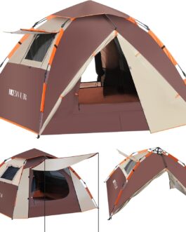 Dewur Camping Tent, Pop Up Tent, 4 People, Family Dome Tent, Waterproof, Windproof with 2 Mesh Door, Window, 2 in 1 Double Layers, Carry Bag for Camping, Hiking, Backpacking
