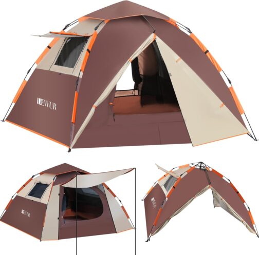 Dewur Camping Tent, Pop Up Tent, 4 People, Family Dome Tent, Waterproof, Windproof with 2 Mesh Door, Window, 2 in 1 Double Layers, Carry Bag for Camping, Hiking, Backpacking