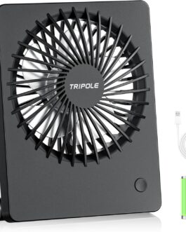 TriPole Desk Fan, Battery Operated, 180° Portable Fan, 3-Speed USB Fan, Ultra Thin Mini Fan for Home Office Travel Gifts for Women Men, Black