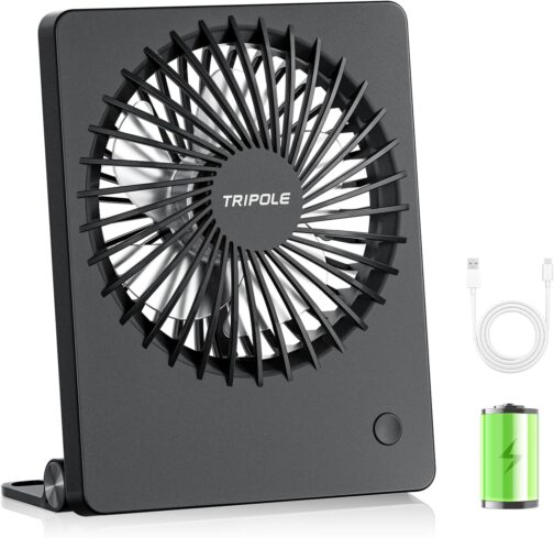 TriPole Desk Fan, Battery Operated, 180° Portable Fan, 3-Speed USB Fan, Ultra Thin Mini Fan for Home Office Travel Gifts for Women Men, Black