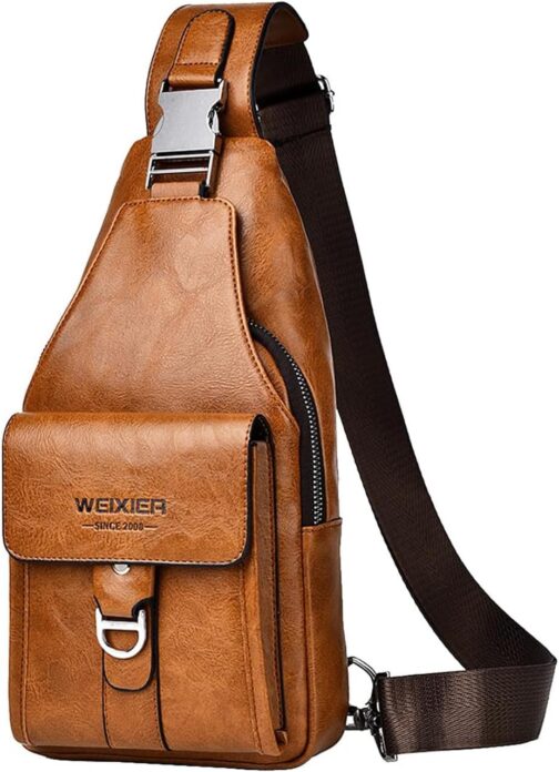 Hjkiopc Sling Bag for Men, Leather Chest Bag, Waterproof Shoulder Bags, Casual Lightweight Bag, Mobile Phone Bag, Crossbody Bag for Hiking, Cycling, Camping, Light brown 1, Retro