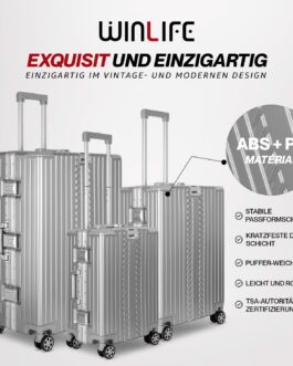 WINLIFE Hard Shell Travel Suitcase M, L, XL, Large Shell ABS Trolley in Silver, TSA Combination Lock, 4 x 360° Double Spinner Wheels, Telescopic Handle, Integrated Cup & Bag Holder, silver, XL