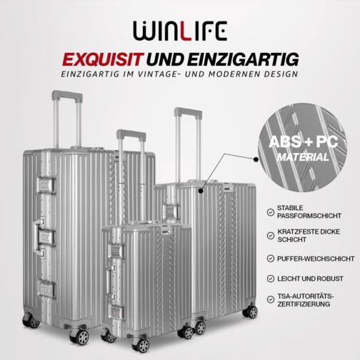 WINLIFE Hard Shell Travel Suitcase M, L, XL, Large Shell ABS Trolley in Silver, TSA Combination Lock, 4 x 360° Double Spinner Wheels, Telescopic Handle, Integrated Cup & Bag Holder, silver, XL – Bild 2