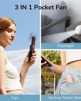 JISULIFE Mini Handheld Fan, 3 in 1 Handheld Fan, Rechargeable USB [12-19 Working Hours] with Power Bank, Flashlight, Portable Fan for Travel/Summer, Gifts for Women, Pink