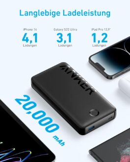 Anker 325 Power Bank, PowerCore 20K II, 20,000 mAh Battery with USB-C Input/Output Port, 15 W Maximum Power, for iPhone, Samsung Galaxy Devices and More