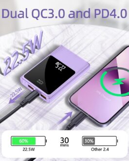Small Power Bank with 10000 mAh Fast Charging Portable 22.5 W Mini USB-C Charger with Battery Pack Compact External Battery Bank for iPhone Heated Vest Jacket Scarf (Purple)