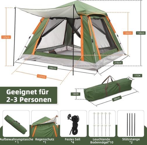 HAUSPROFI Tent 2-3 Perosons Pop Up Tent, Camping Tent with Awning Window, Large Waterproof Automatic Throwing Tent, Double Door Ventilation, Mosquito Protection, 2 Layers Dome Tent for Camping – Bild 5