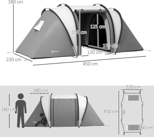 Outsunny Camping Tent for 4-5 People Lightweight Water-Repellent Family Tent with 3 Room Side Door Window, Tent with 3000 mm Water Column Tunnel Tent Dome Tent for Camping Travel Garden – Bild 7
