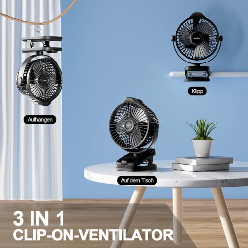 8000 mAh Mini USB Clip Fan Battery, 13 cm Small Table Fan with Remote Control, 5-Speed, LED Display, 360° Rotation, Rechargeable Battery, Portable Table Fan for Home, Office, Camping, Pushchair – Bild 3