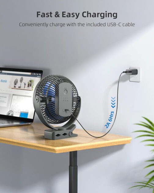 Koonie USB Clip Fan, 10000 mAh USB Fan, Portable 20 cm Table Fan, 4 Speeds & 360° Rotation, Quiet Wall Fan, Fan for Home, Office, Pram, Camping, Grow Tent – Bild 7