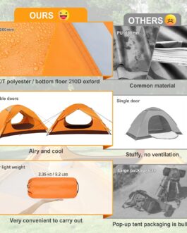 Ultralight Camping Tent, Dome Tent 2-3 Person Waterproof, UV Protection, 3-4 Season, Aluminium Tent Pole, Instant Setup, Tent for Beach, Trekking, Camping and Outdoor Use