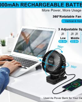 ELZO 12000 mAh Camping Fan, Rechargeable Table Fan, USB Mini Fan with LED Light and Hook, 360° Rotation, Quiet with Remote Control