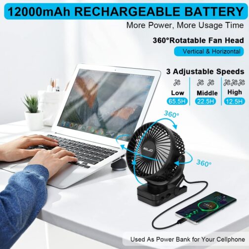 ELZO 12000 mAh Camping Fan, Rechargeable Table Fan, USB Mini Fan with LED Light and Hook, 360° Rotation, Quiet with Remote Control – Bild 2