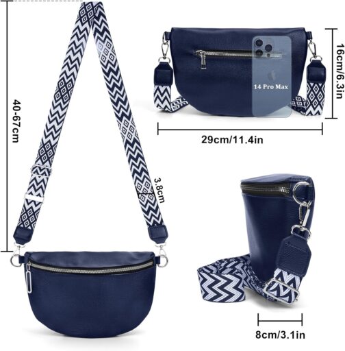 HLEIUKT Women's Large Shoulder Bag, Crossbody Bag, Women's Wide Strap, Bum Bag, Women's Stylish Leather Water-Repellent, Elegant Modern Bags with Removable Shoulder Strap, blue – Bild 6