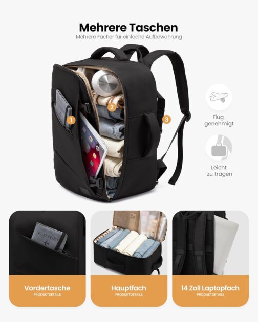 LOVEVOOK Ryanair Hand Luggage 40 x 20 x 25 cm, Small Travel Backpack, Hand Luggage, Aeroplane Men Women, 14 Inch Laptop Backpack Bag, 20 L Carry On Luggage Travel Backpack Suitcase Backpack for – Bild 4