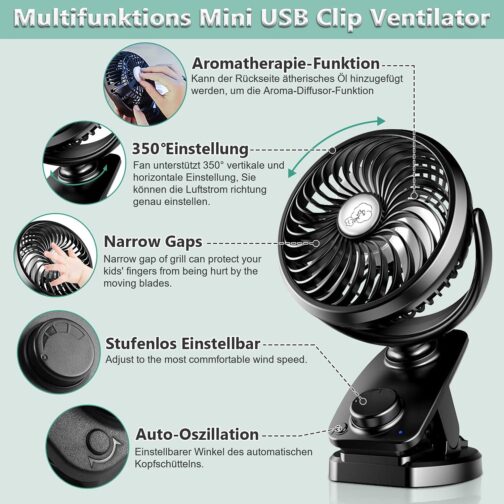 Improved Mini USB Clip Fan with 5000 mAh 2-in-1 Table Fan Clip Fan, Car Oscillating Quiet Continuous Speed USB Rechargeable Portable Fan for Office Camping Diameter 14.5 cm – Bild 5